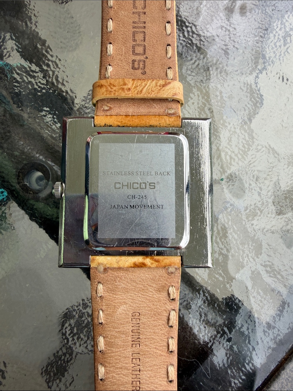 Chico's Square Face Watch with Tan Leather Strap and Blue Hands - Picture 4 of 7